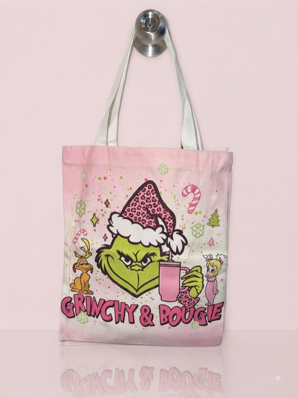 Grinchy & Bougie Pink Graphic Tote Bag